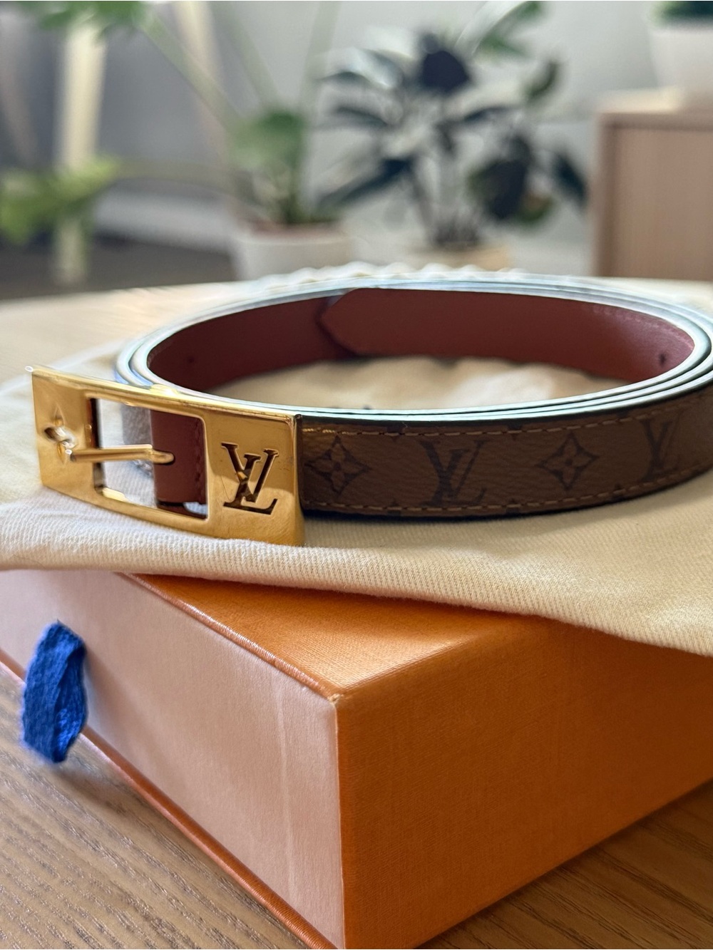 Louis Vuitton Brown Monogram Belt with Gold LV Buckle and Red Interior